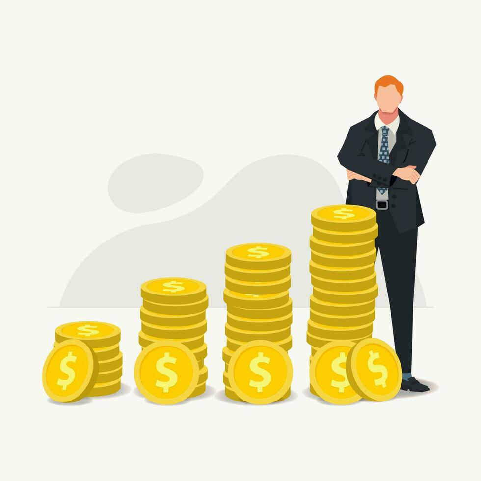 Businessman with stacked coins. Increase salary concept vector illustration