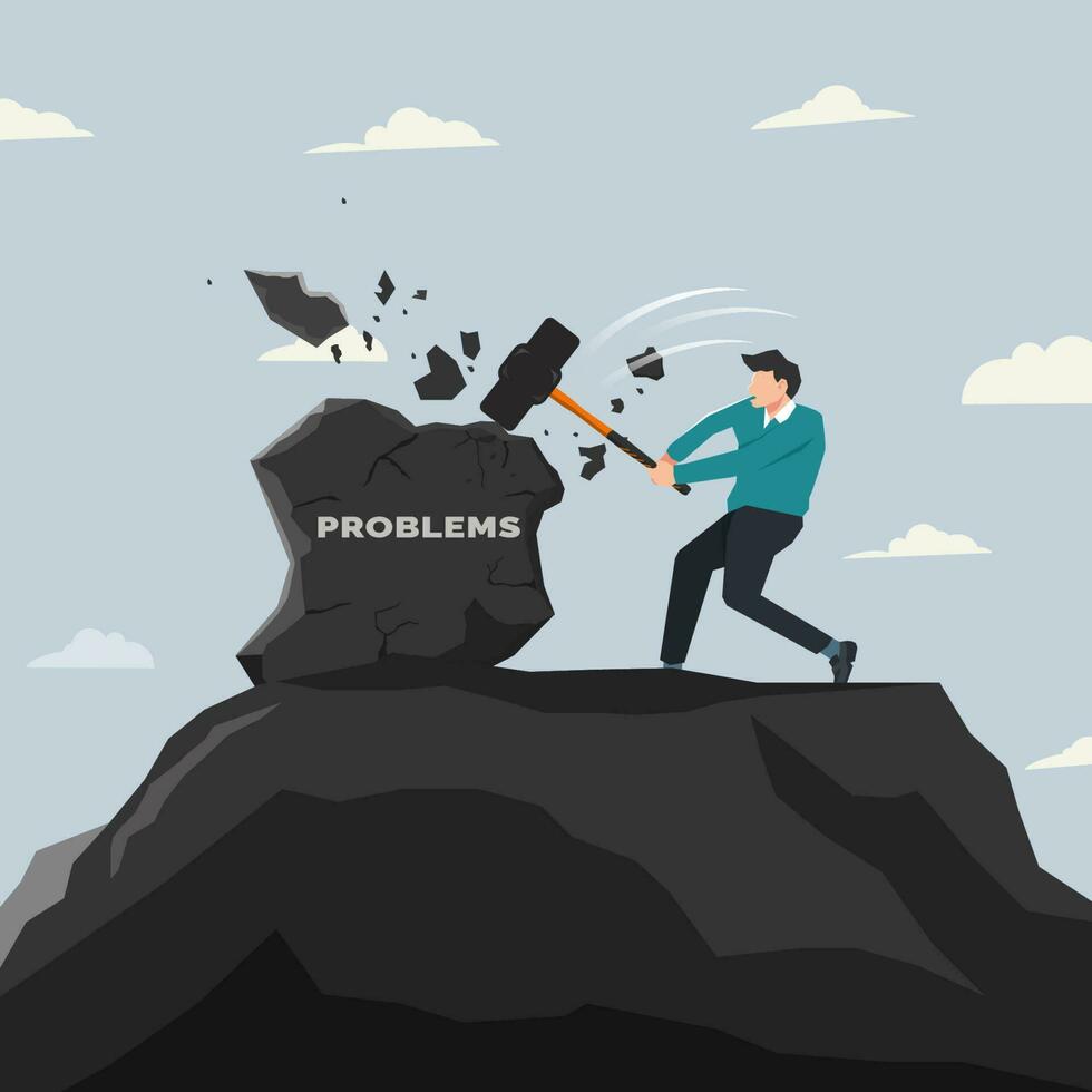 Vector businessman breaking rock of PROBLEMS by hammer design illustration