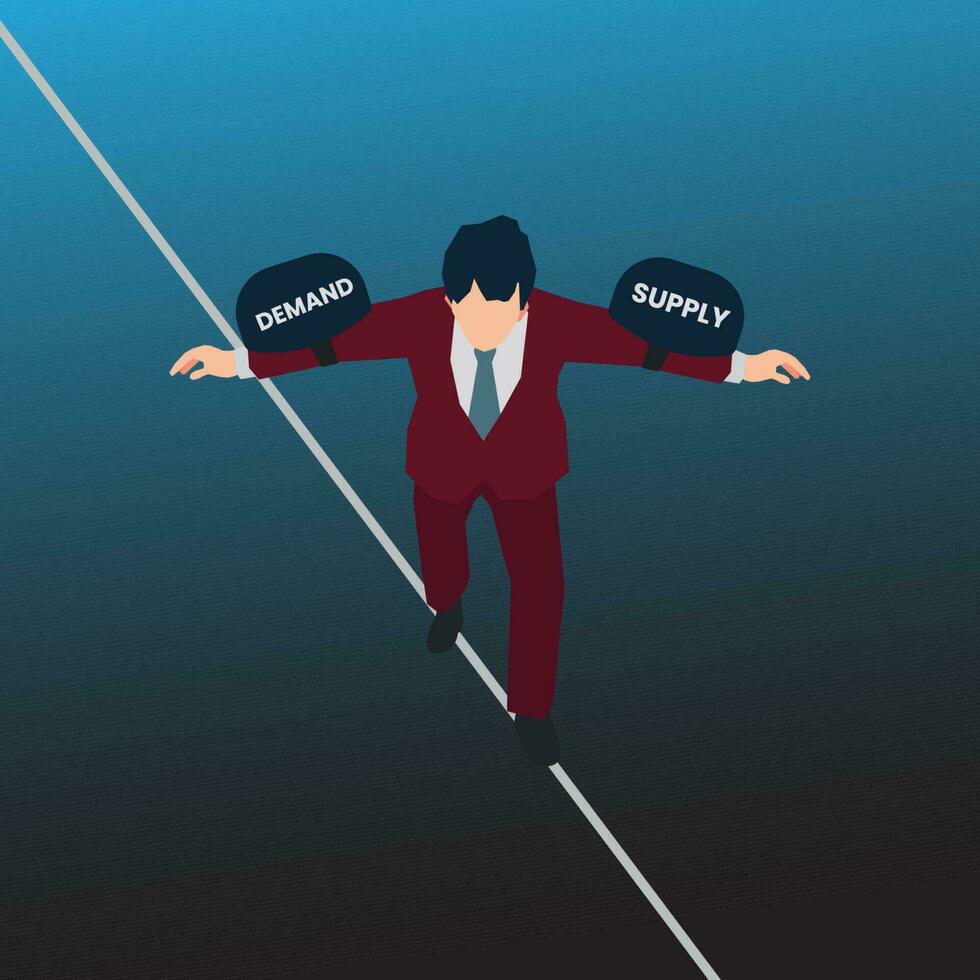 Vector businessman trying to balance on SUPPLY and DEMAND on a wire design illustration