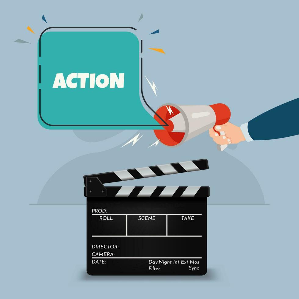 Hand hold megaphone with movie clapperboard. Start to action  design vector illustration