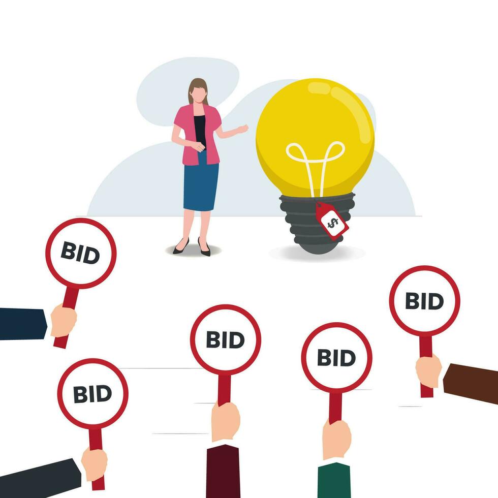 Hand holding bid sign. Auctioning bids for big idea concept and innovation vector illustration