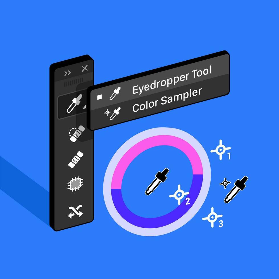 Tools Panel. Eyedropper Tool in Raster graphic editor. Color Sampler Isometric 3d Vector illustration