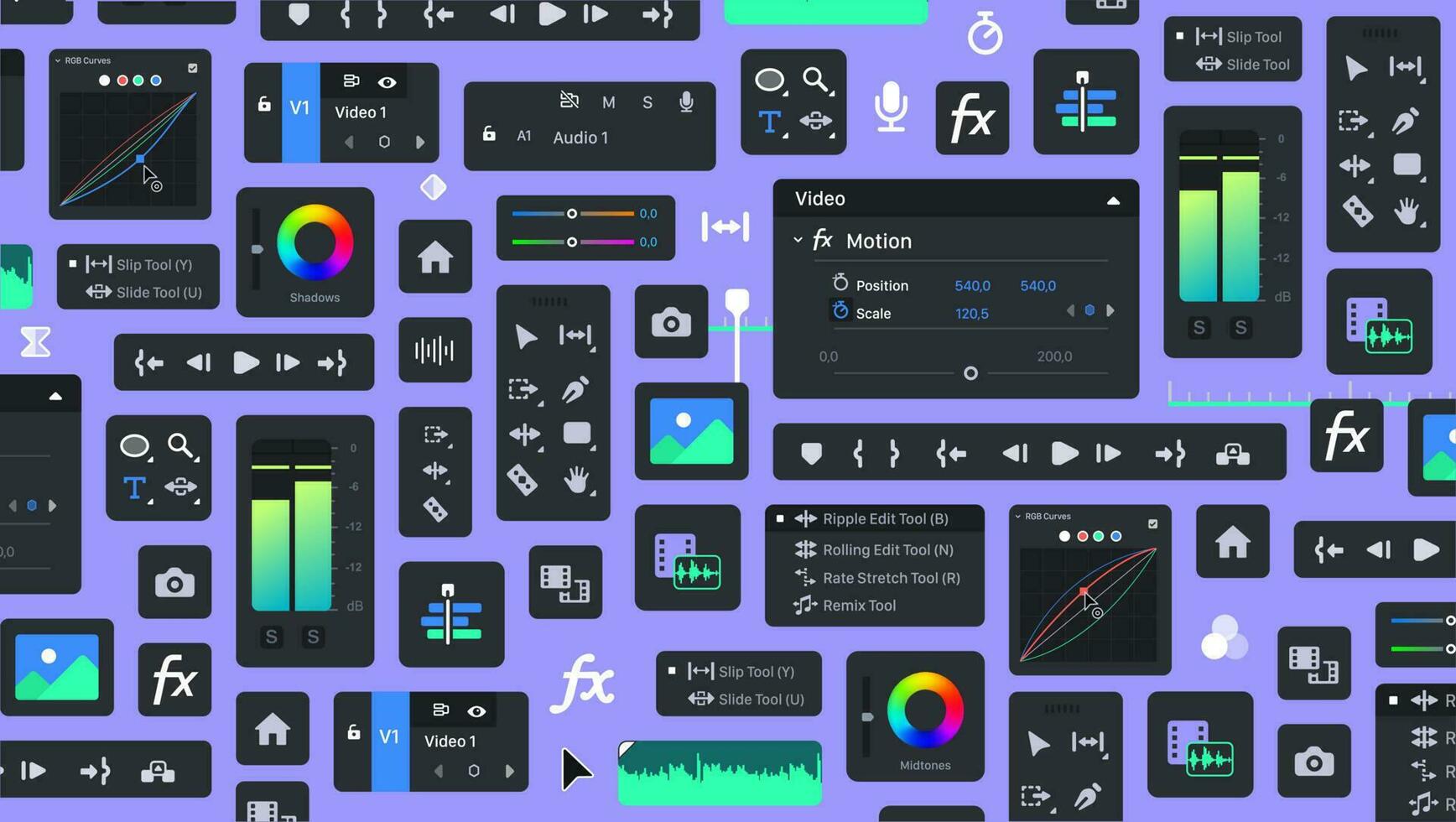 Background of Video Editor processing Tools. Tool Blocks. Graphic Movie Editing. Motion Designer UI bg. Set of icon Panels for Film makers. Set of Videomakers items. FX Buttons and icons. Toolbar vector