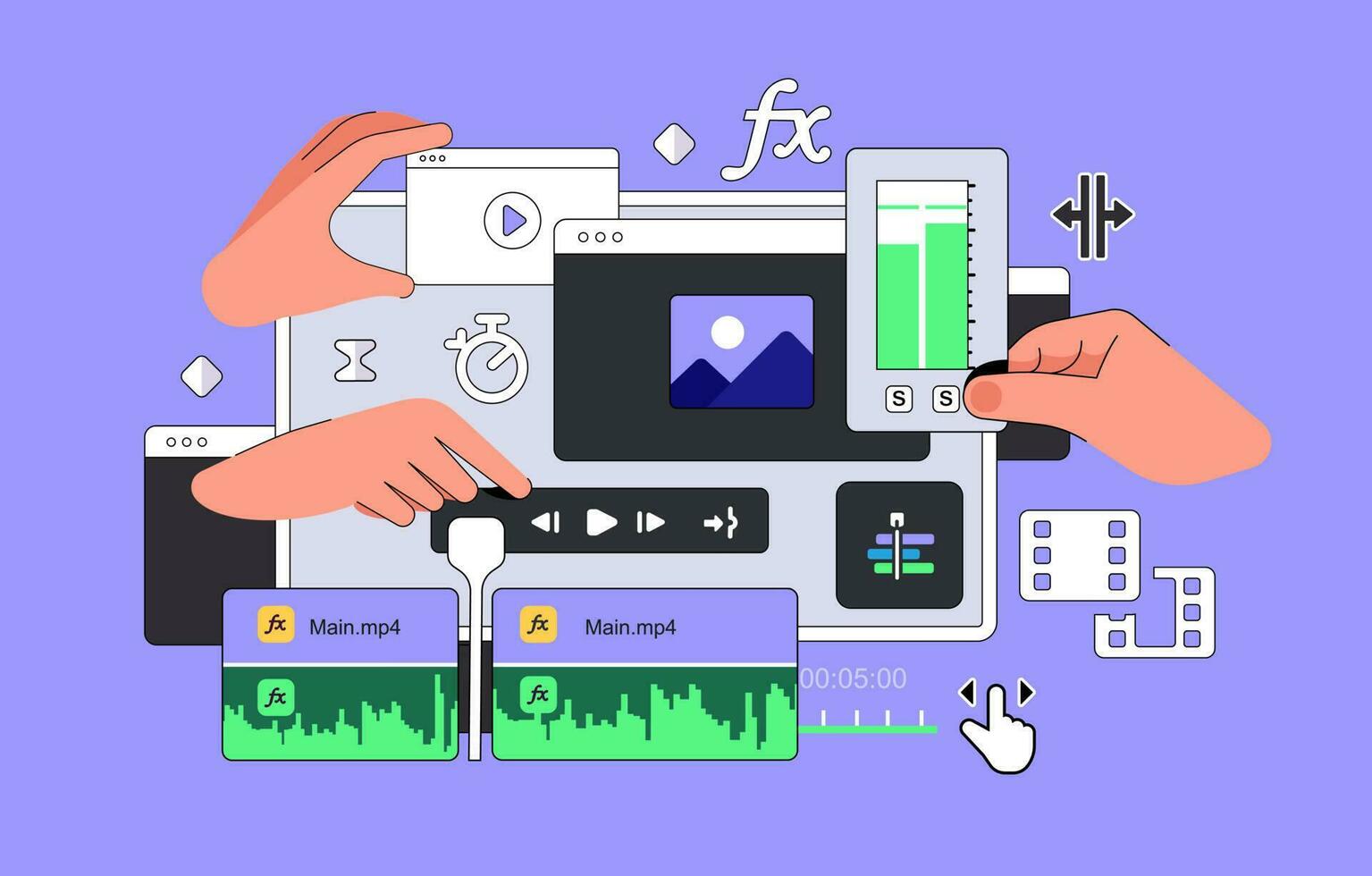 el vídeo editor programa interfaz con manos. grande tablero para edición vídeo clips. película imágenes montaje. acortar edición software interfaz. creando visual efectos vfx. vector ilustración