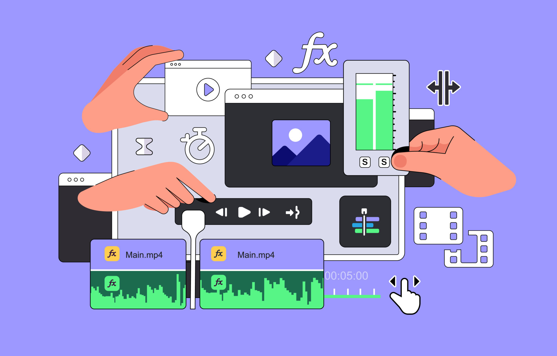 The Video Editor Program interface with hands. Big Dashboard for