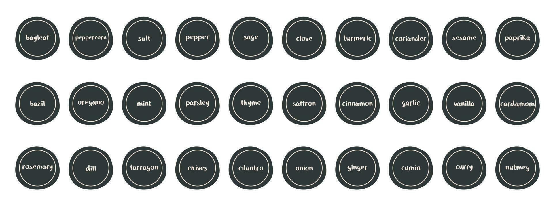 Set of round labels for spices and seasonings. Stickers for kitchen jars with salt, pepper, paprika, curry, etc. Vector minimalistic design.