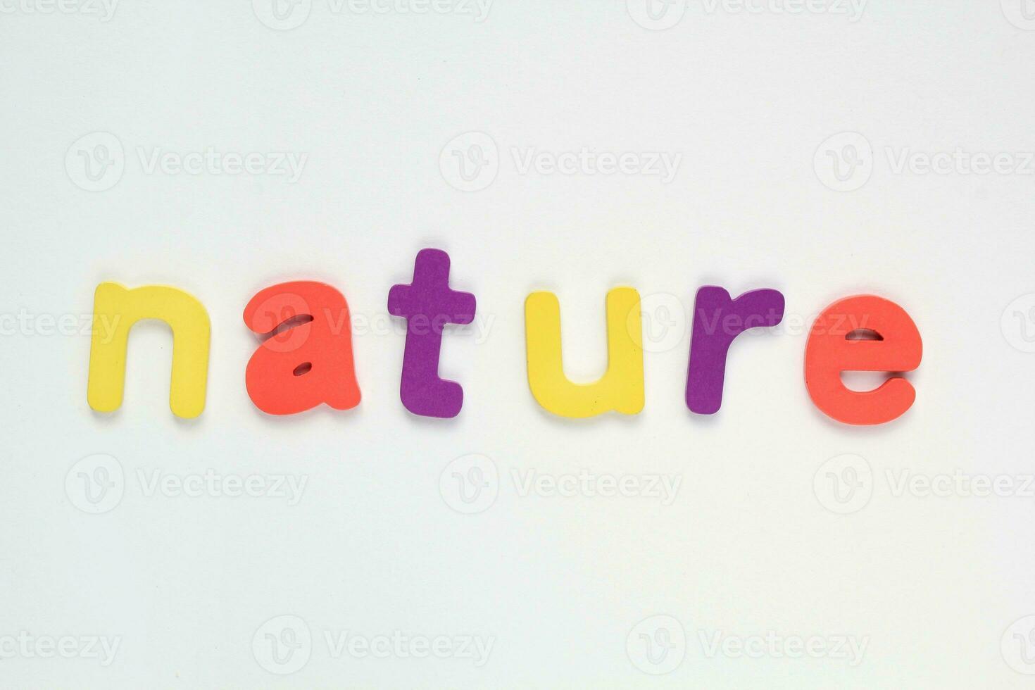 Colored letters Nature on white background. World Earth Day concept. Ecology green planet card. Environmental conversation and protection. Social banner, poster photo