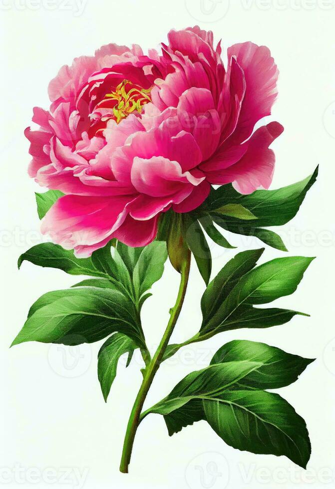 Pink peony flower drawing isolated on white background. Watercolor, hand drawn style, ai generation photo