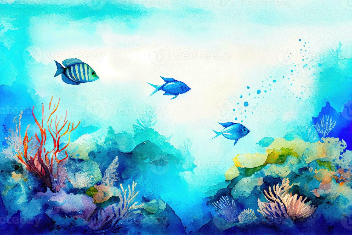 watercolor ocean water surface and underwater with fishes, ai generation photo