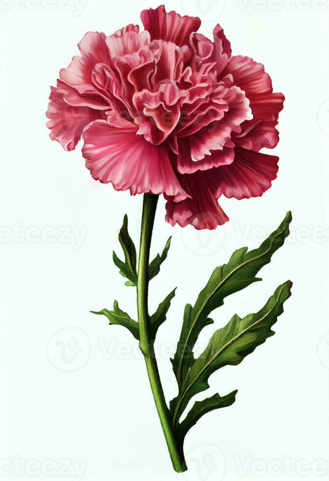 Pink carnation flower drawing isolated on white background. Watercolor, hand drawn style, ai generation photo