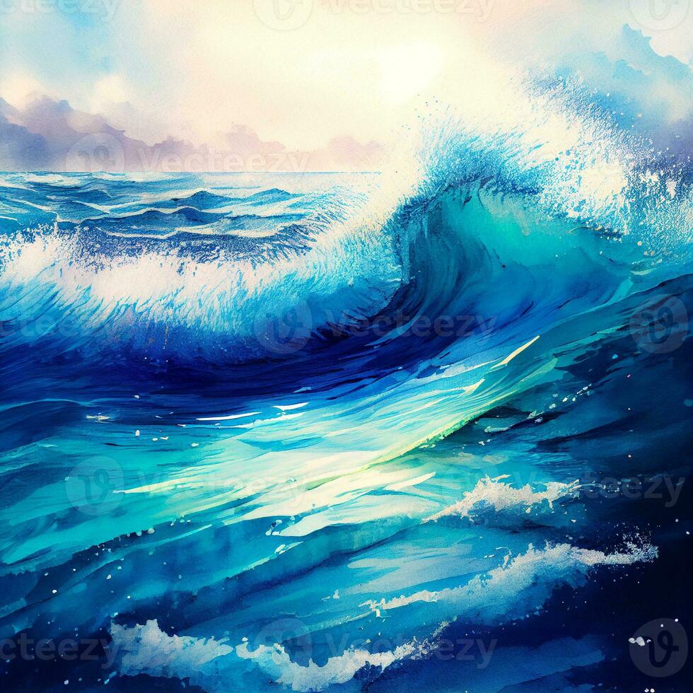 watercolor ocean waves and splash water, ai generation photo