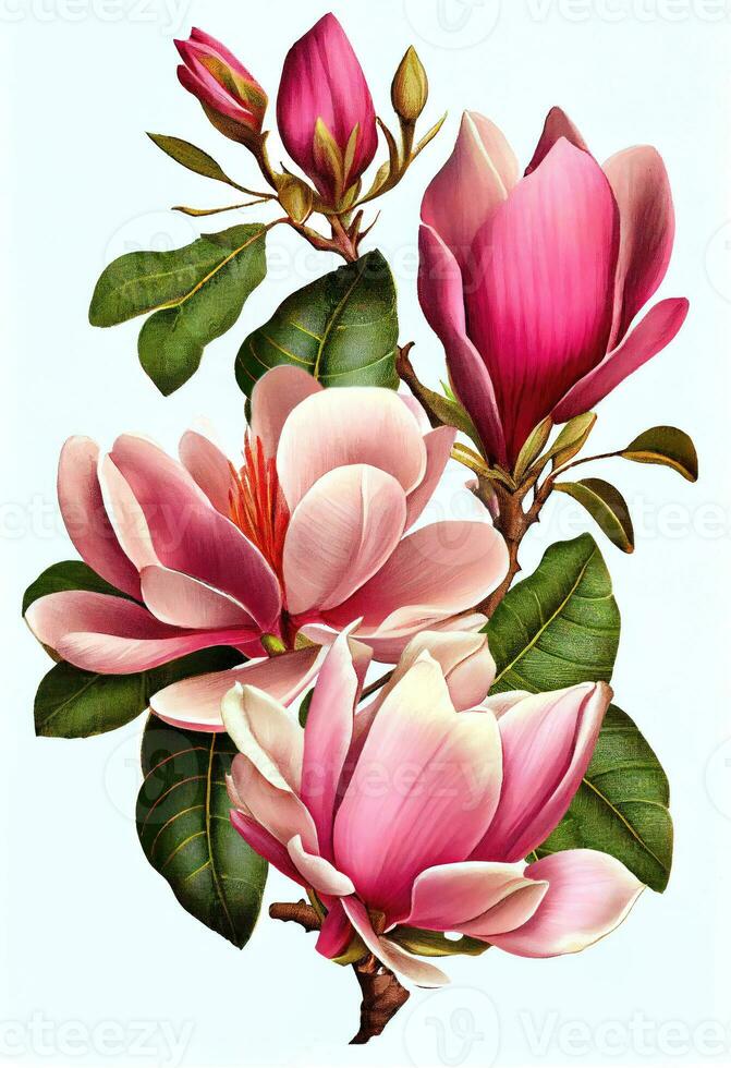 Pink magnolia flower drawing isolated on white background. Watercolor, hand drawn style, ai generation photo