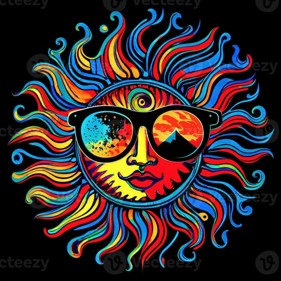 Hand drawn sun with sunglasses on a black background, Pop Art, ai generation photo