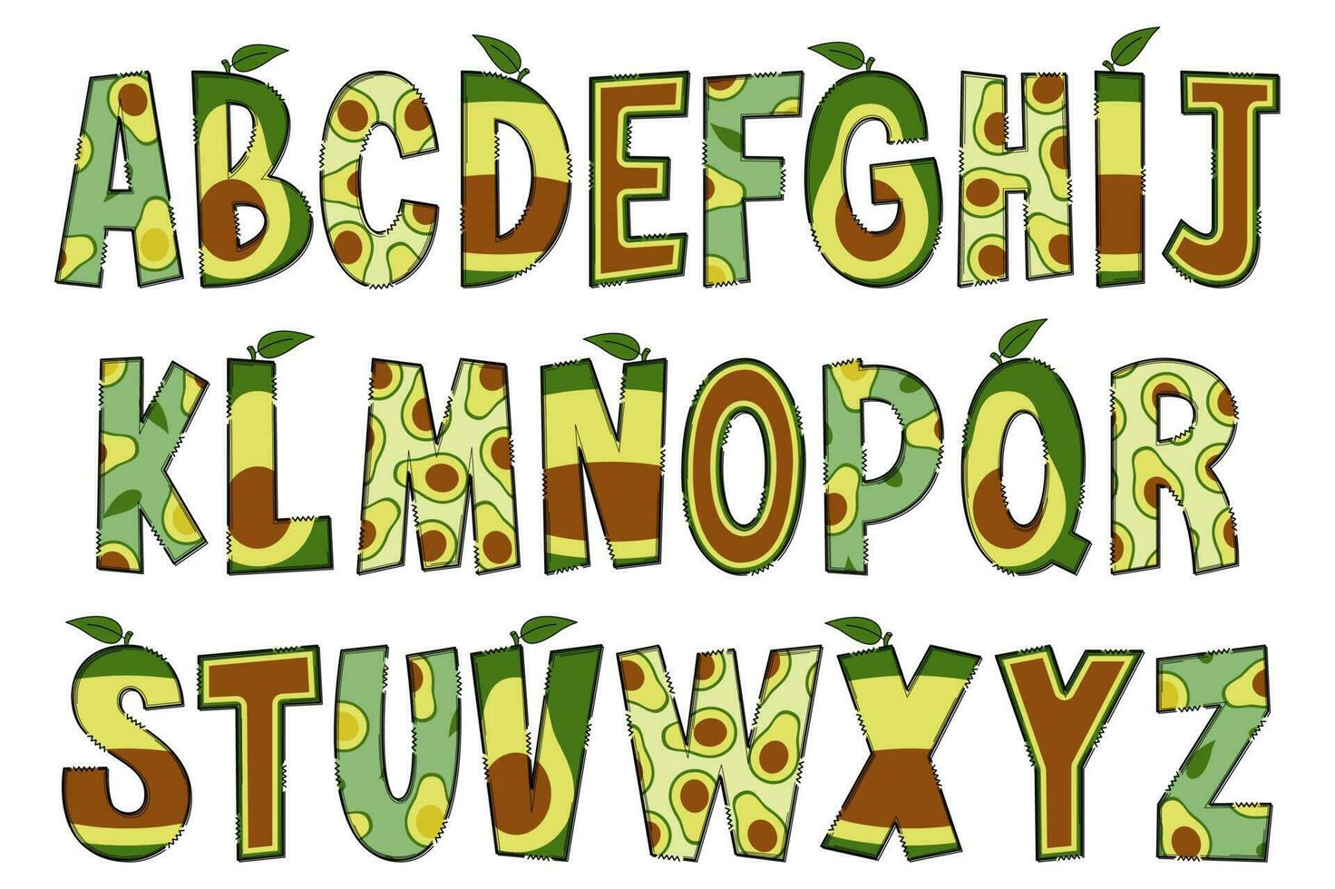 Handcrafted Avocado Letters. Color Creative Art Typographic Design vector