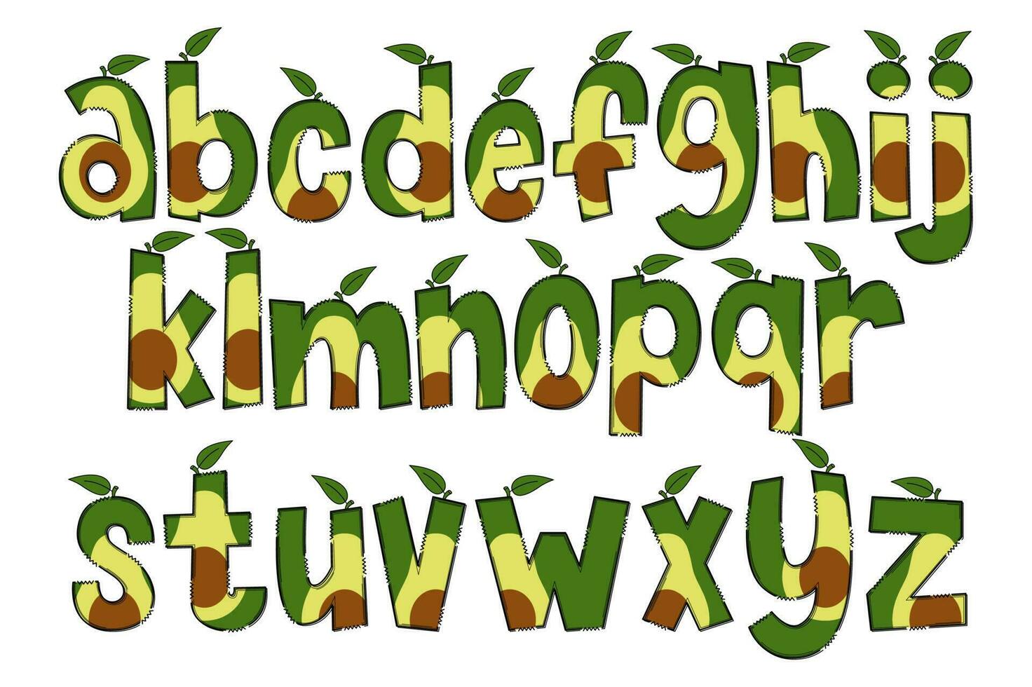 Handcrafted Avocado Letters. Color Creative Art Typographic Design vector