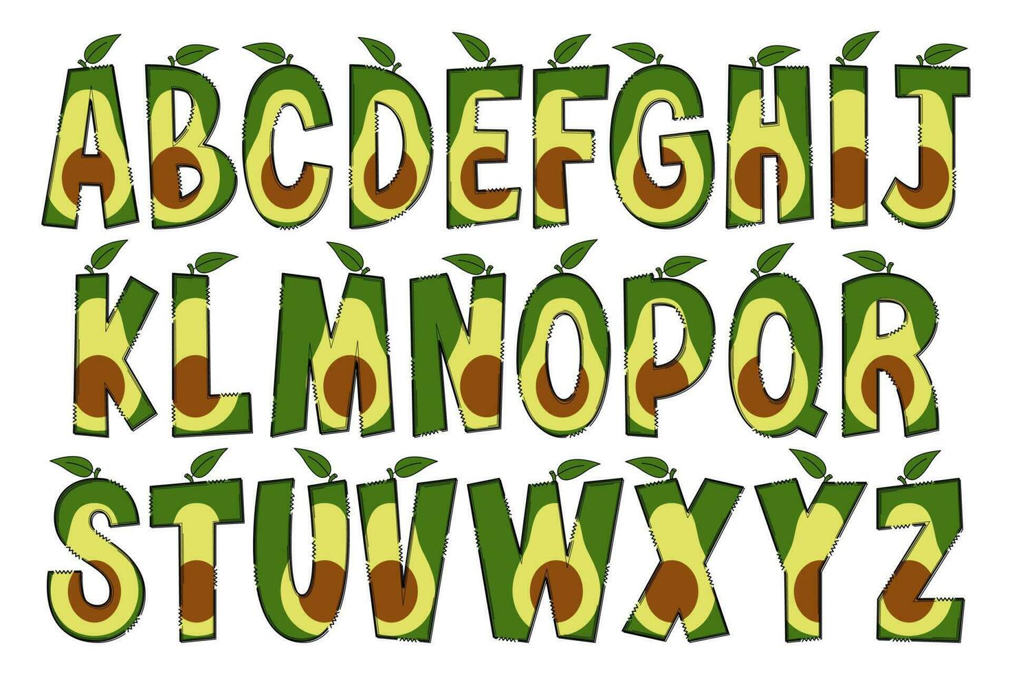 Handcrafted Avocado Letters. Color Creative Art Typographic Design vector