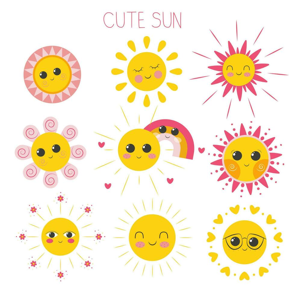 Set of Cute Smiling Suns Vector Illustration