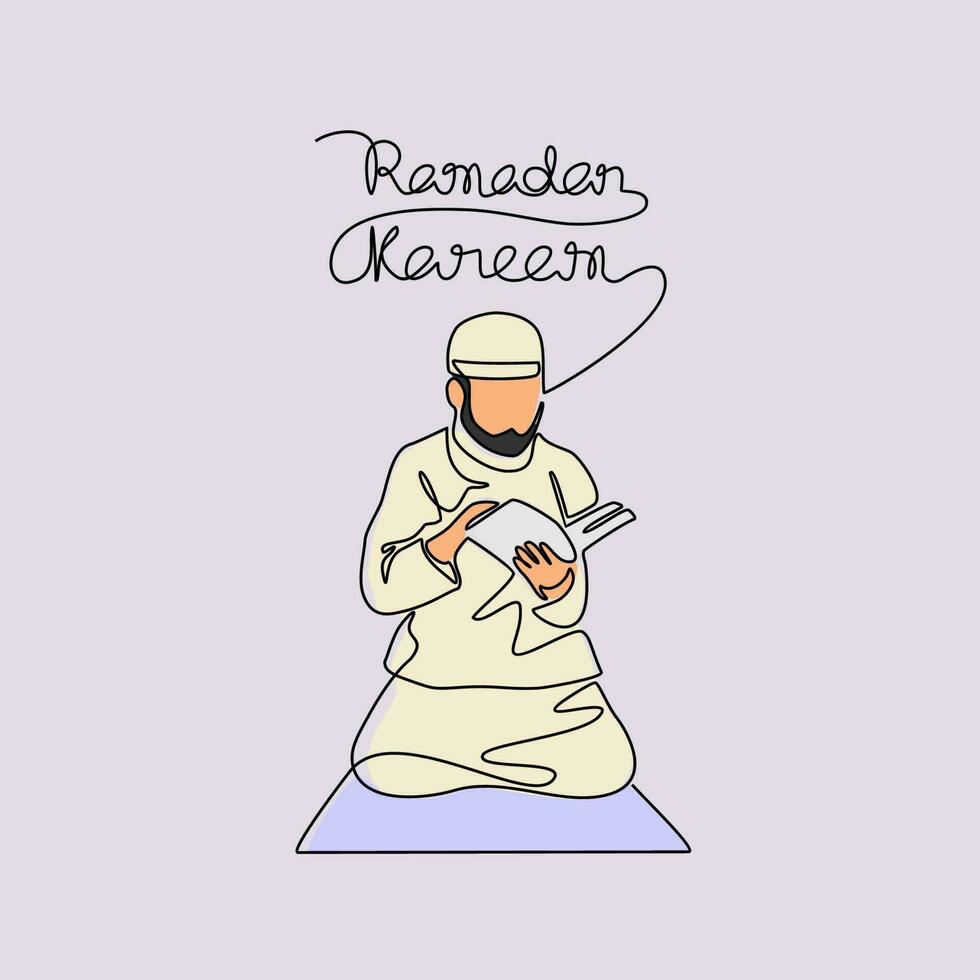 un musulmán hombre leer el Corán en el mezquita durante ramadhan hora en continuo línea Arte dibujo estilo. diseño con minimalista negro lineal diseño aislado en blanco antecedentes. vector ilustración