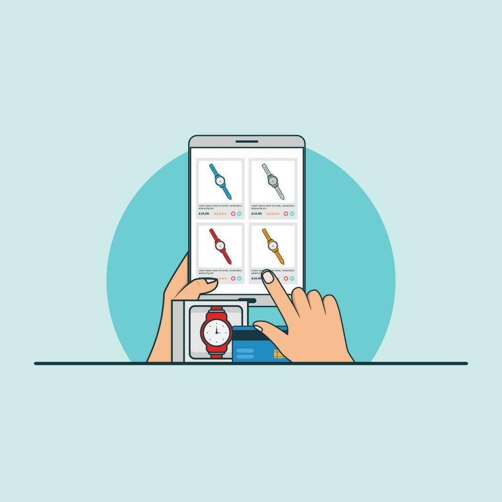 Illustration for buy online smart watch with smartphone concept. Design vector with flat style