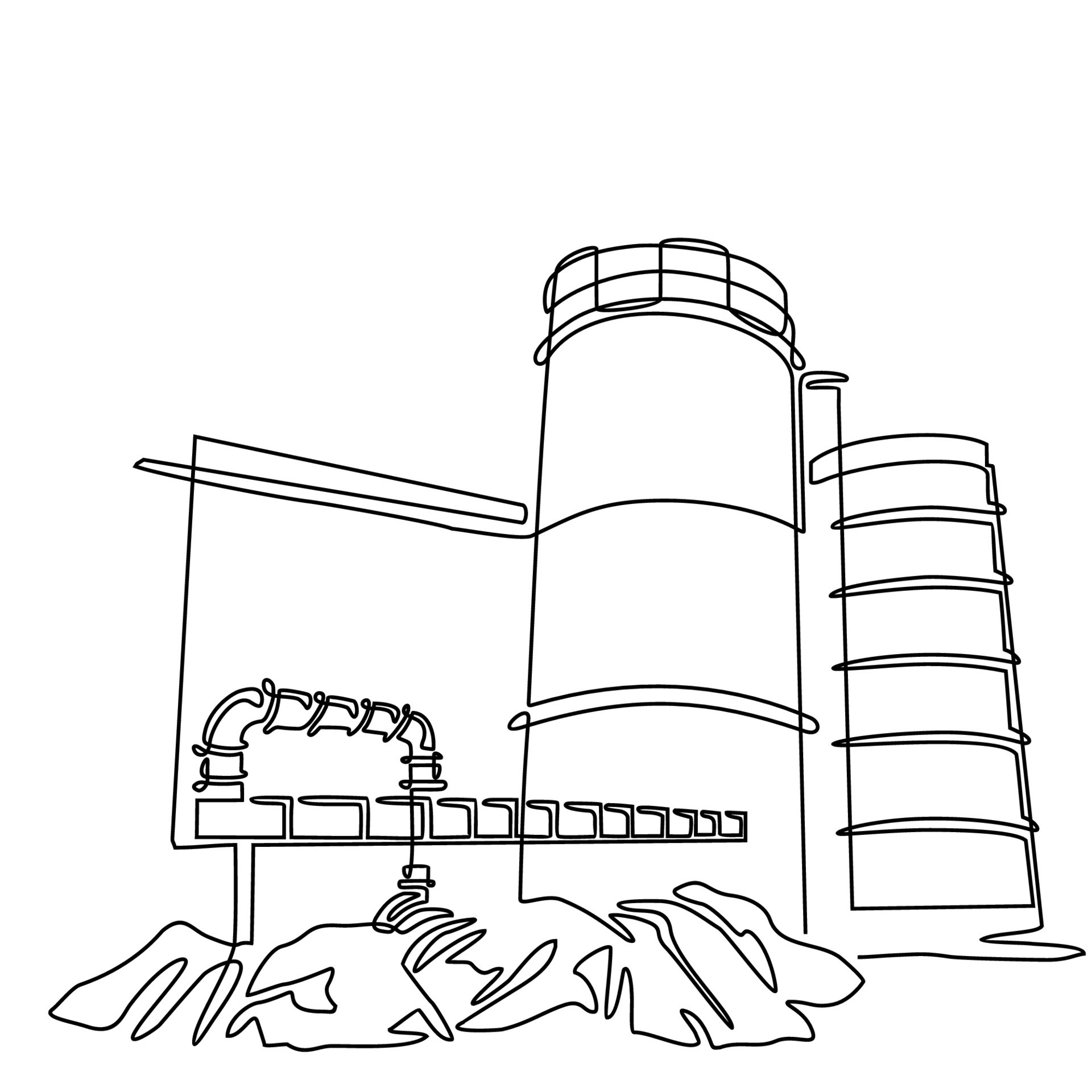 water tank at industrial power plant in continuous line art drawing