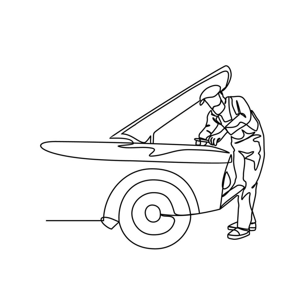 One continuous line drawing of a mechanic is repairing the car. Automotive design concept with simple linear style. Automotive vector design illustration concept.