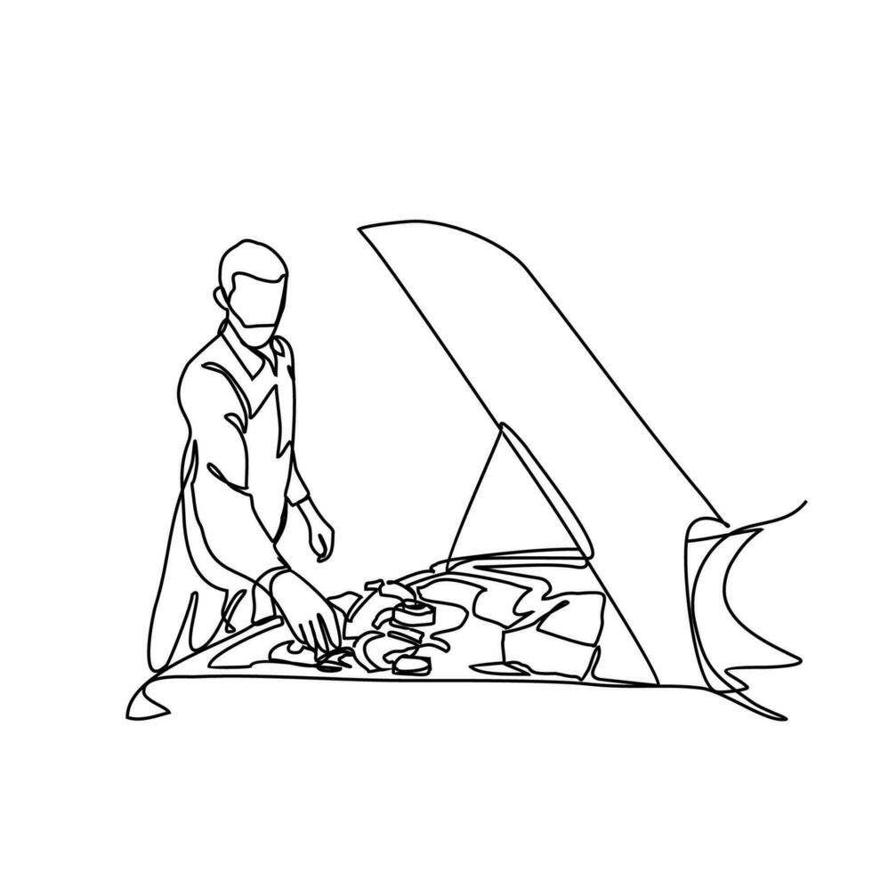 One continuous line drawing of a mechanic is repairing the car. Automotive design concept with simple linear style. Automotive vector design illustration concept.