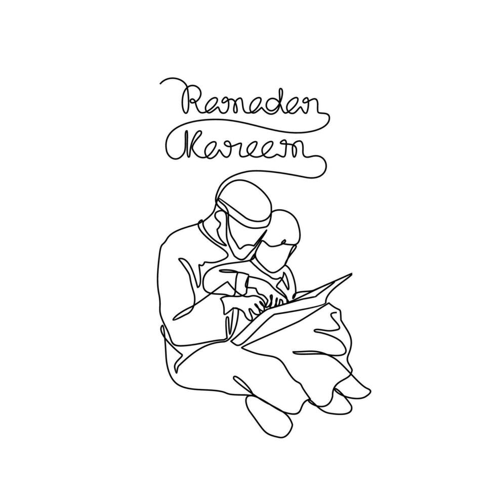 padre y su hijo aprendizaje de Corán durante ramadhan hora en continuo línea Arte dibujo estilo. diseño con minimalista negro lineal diseño aislado en blanco antecedentes. vector ilustración