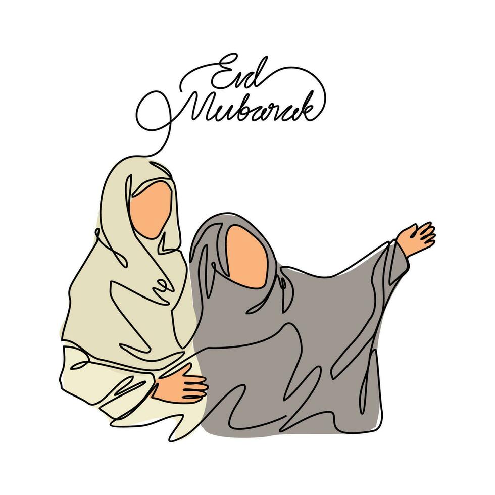 One continuous line drawing of a mother and daughter are having fun during eid mubarak. Eid mubarak and Ramadan kareem design concept with simple linear style. Eid mubarak vector design concept.