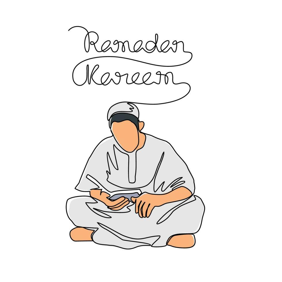 A moslem man read the Quran in the mosque during ramadhan time in continuous line art drawing style. design with Minimalist black linear design isolated on white background. Vector illustration