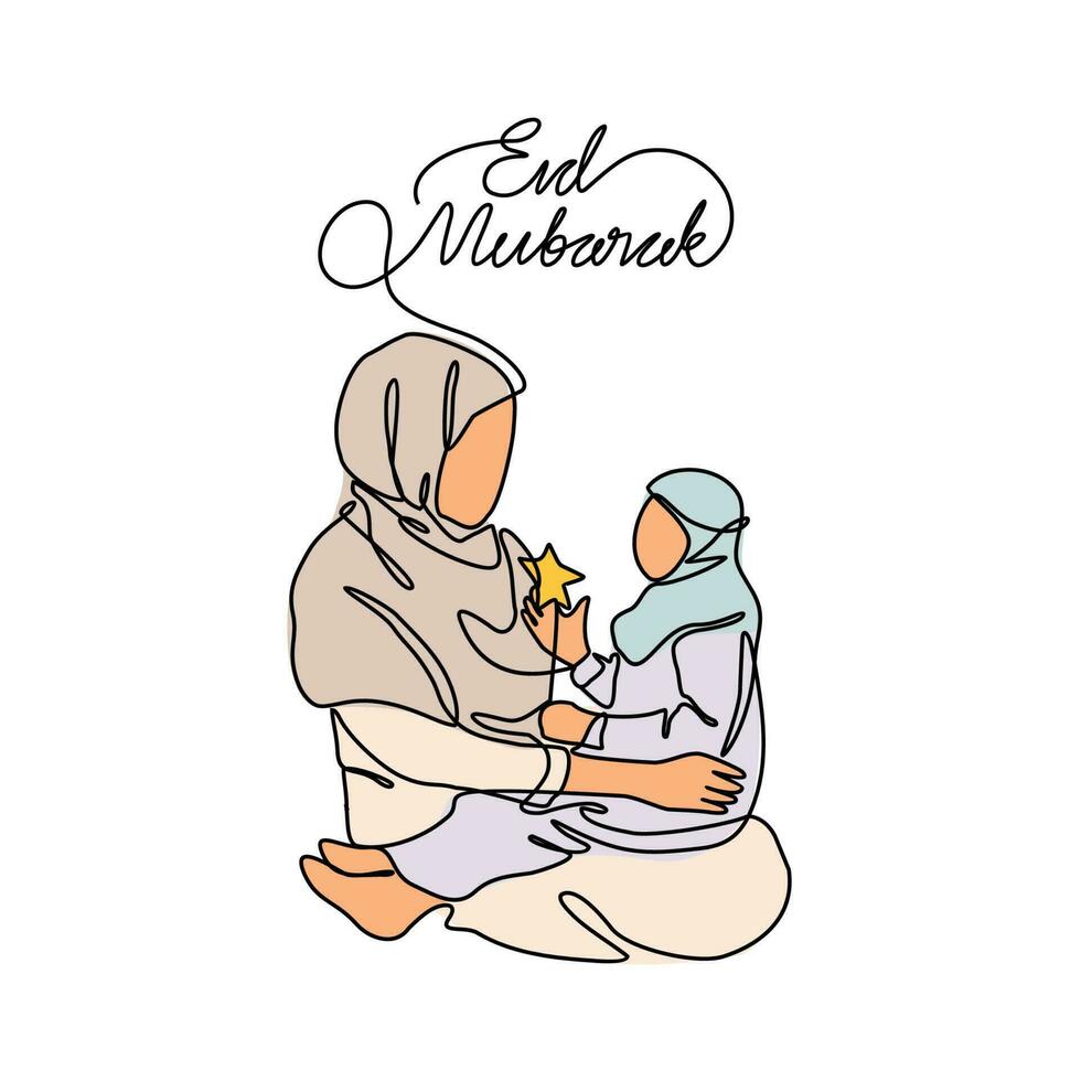 One continuous line drawing of a mother and daughter are having fun during eid mubarak. Eid mubarak and Ramadan kareem design concept with simple linear style. Eid mubarak vector design concept.