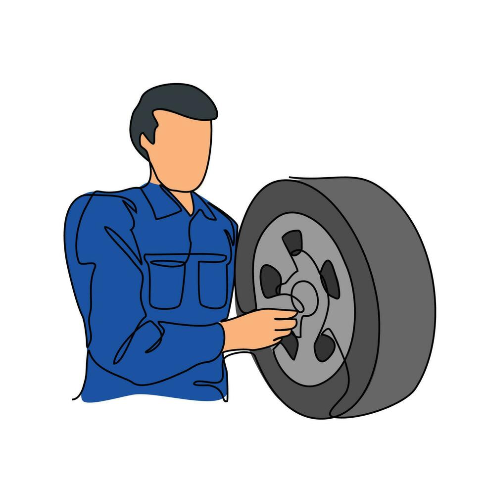 One continuous line drawing of a mechanic is repairing the wheel car. Automotive design concept with simple linear style. Automotive vector design illustration concept.