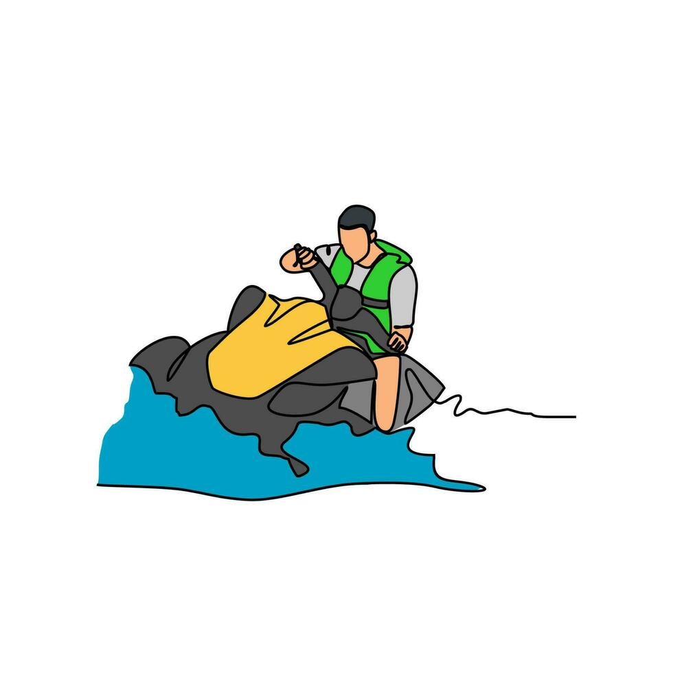 uno continuo línea dibujo de un personas jugando moto acuática en el mar. moto acuática concepto ilustración en sencillo lineal estilo. mar brotar diseño concepto vector ilustración