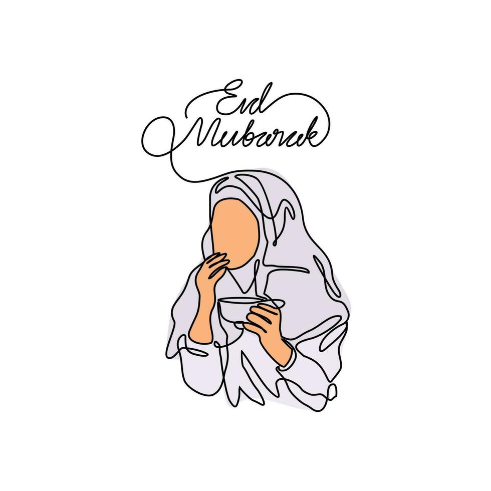 uno continuo línea dibujo de un un contento mujer en acogedor eid al-fitr. eid Mubarak y Ramadán kareem diseño concepto con sencillo lineal estilo. eid Mubarak vector diseño concepto.