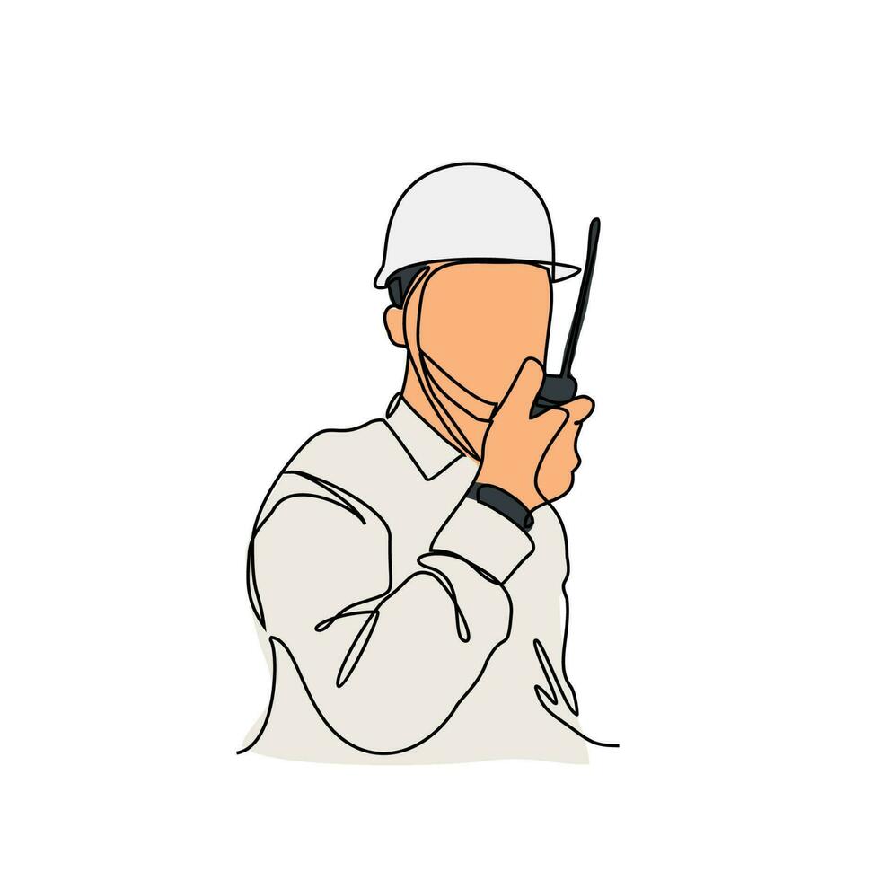 One continuous line drawing of a construction engineer do coordination the site project. Construction Project design concept with simple linear style. Construction Project vector design illustration