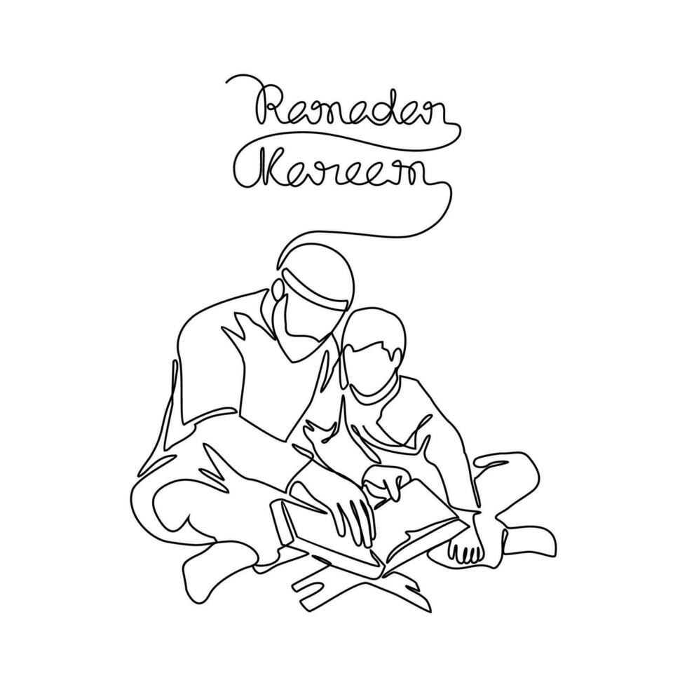 Father and his son learning of Quran during ramadhan time in continuous line art drawing style. design with Minimalist black linear design isolated on white background. Vector illustration