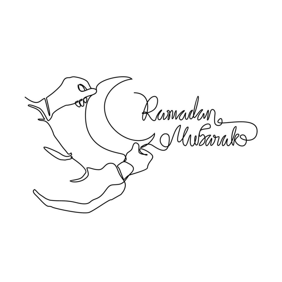 One continuous line drawing of hand and a half moon for symbol ramadan kareem.  ramadan design concept with simple linear style. islamic design concept. vector