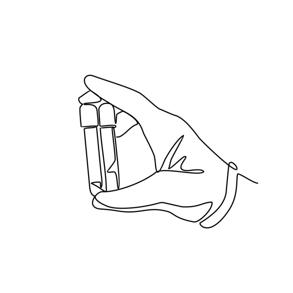 One continuous line drawing of Laboratory Officer take a sample of the chemical liquid in a small vial. Chemical and laboratory design concept with simple linear style. Laboratory vector design concep