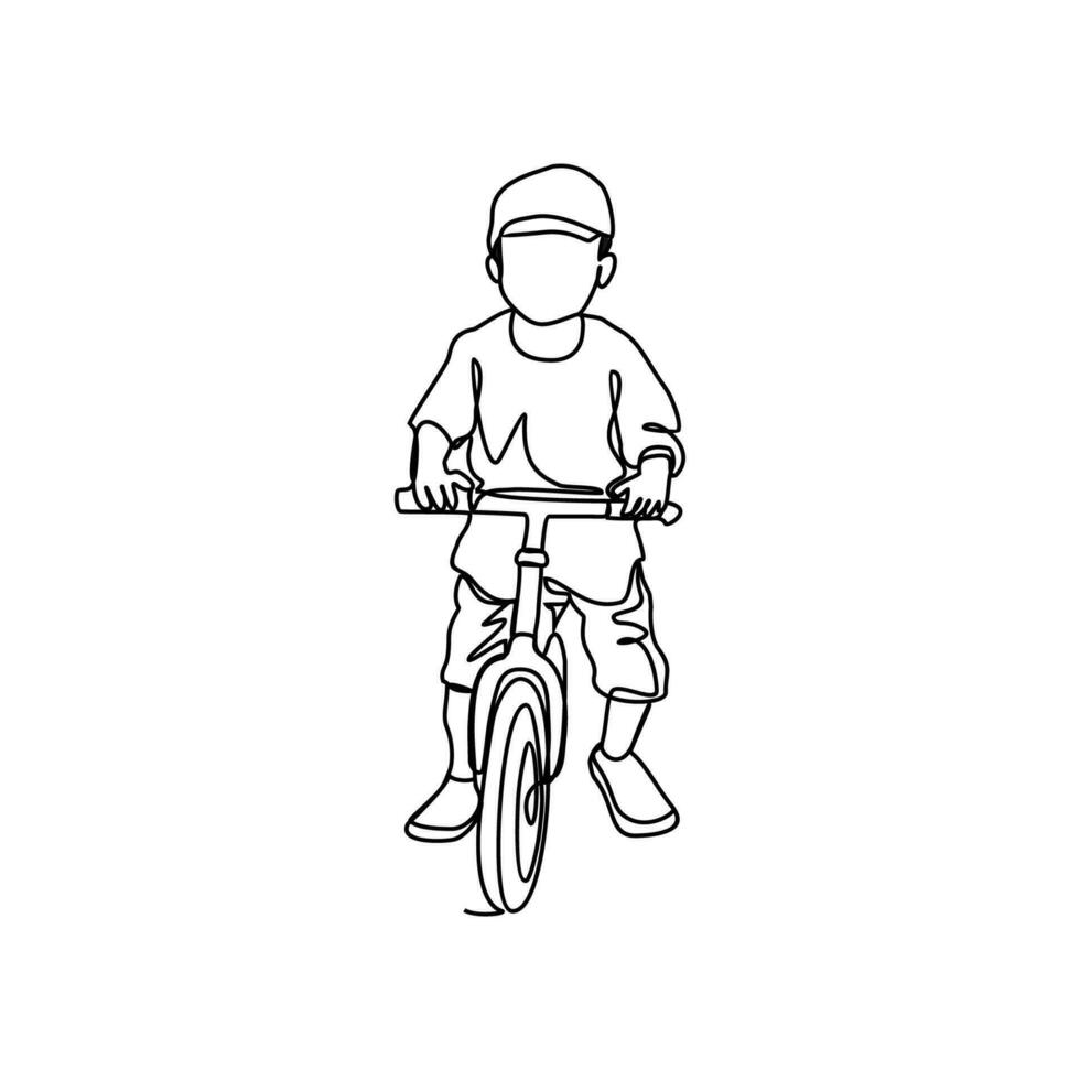 a child is learning to use a bicycle in continuous line art drawing style. design with Minimalist black linear design isolated on white background. Sport themes Vector illustration