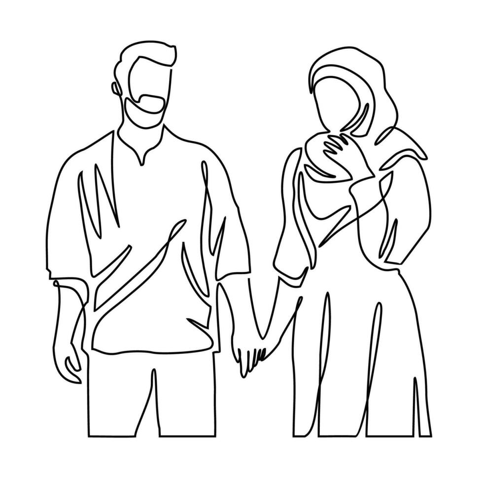 Couple illustration in continuous line art drawing style. Man and women in love with Minimalist black linear design isolated on white background. Vector illustration
