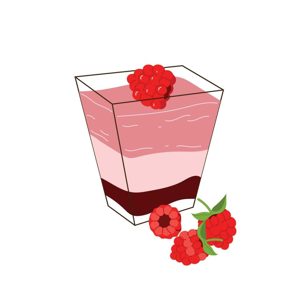 Cute raspberry dessert vector illustration. Sweet dish garnished with mint. Glamor card, menu birthday invitation