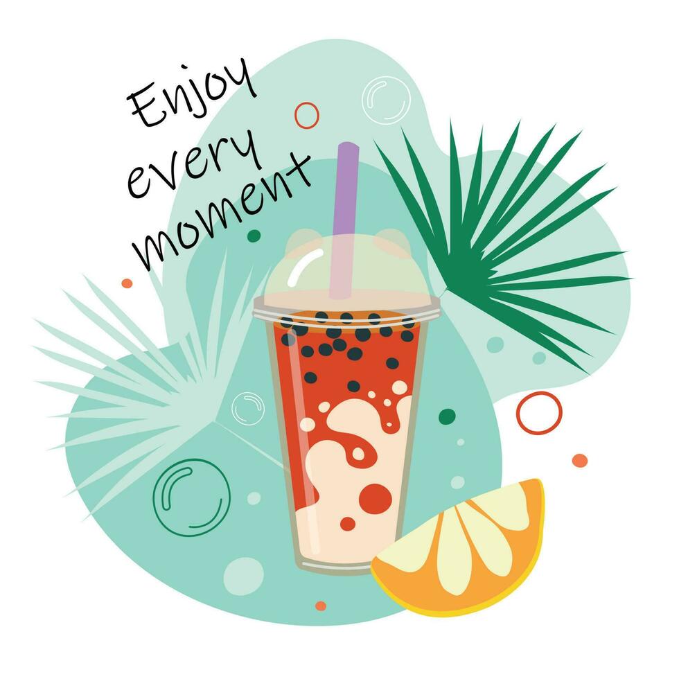 Enjoy every moment. Summer vector illustration with hand drawn cocktail, straw, lemon. Good for poster printing.