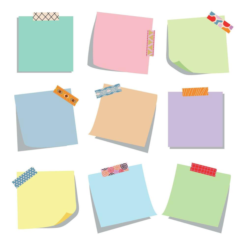 Note Pad With Sticky Tape Collection. Set of different note papers ready for your message. Vector illustration.