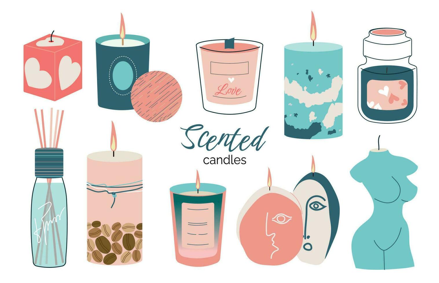 Various candles. Various shapes and sizes. A pillar, a candle in a jar, a square, a candle in a container. Decorative wax candles for relaxation and spa. vector