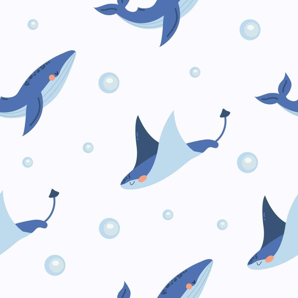 Seamless children's pattern with cute whales and stingrays. Marine-themed pattern with underwater animals. Texture for fabric, packaging, textiles, clothing. Vector illustration.