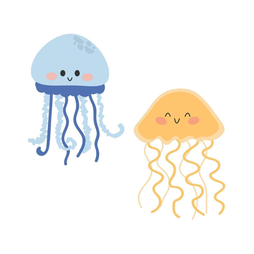 Cute jellyfish. Vector illustration of yellow and blue jellyfish. Sea animal. Children's illustration in cartoon style. Underwater life. White isolated background.