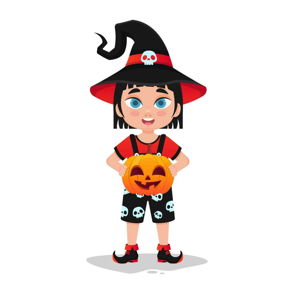 Cute girl with a pumpkin in her hands, halloween holiday vector