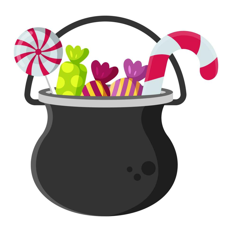 Pot, bag of candy, halloween holiday, vector illustration