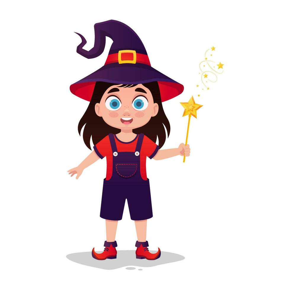 Cute child in a witch costume with a magic wand vector