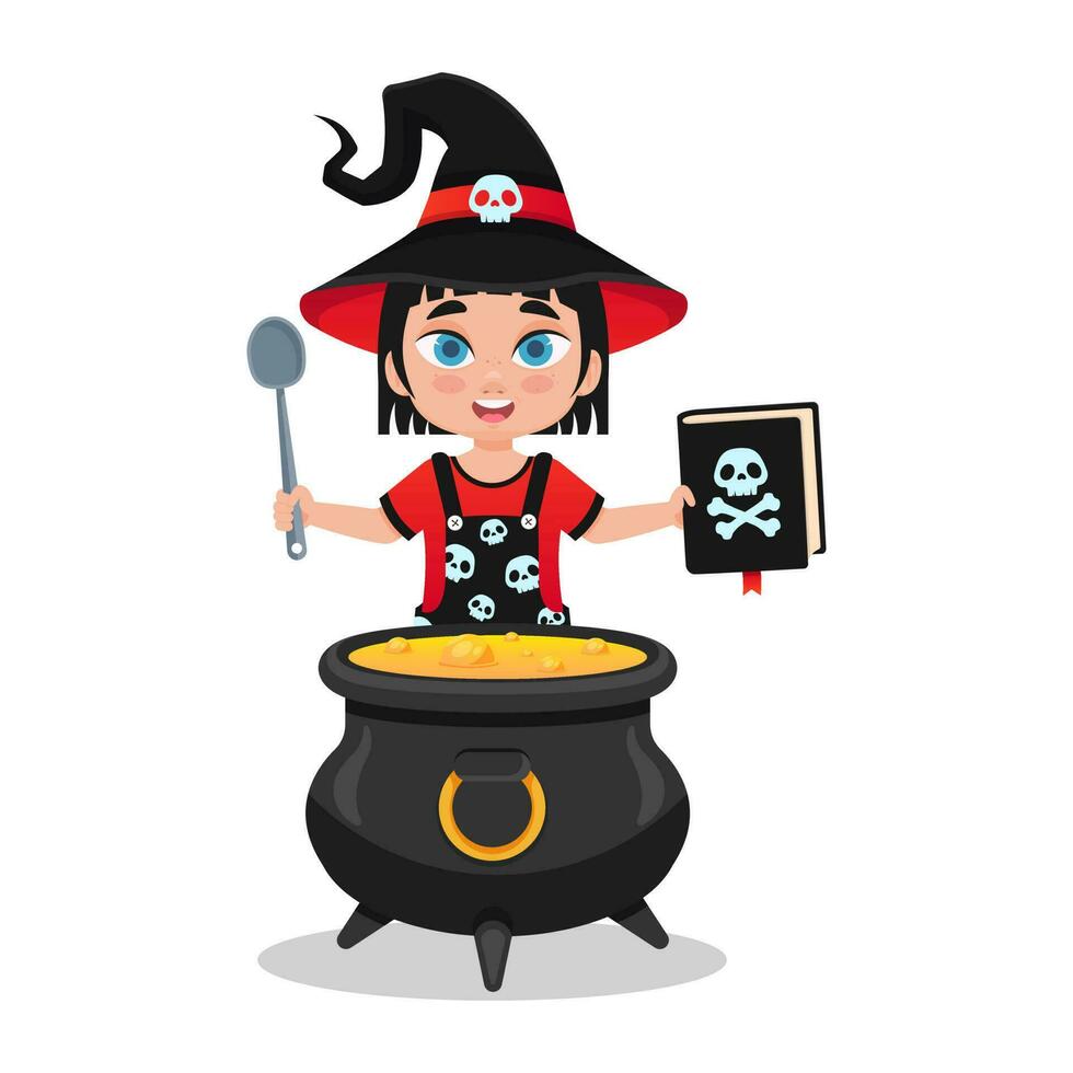 Cute little witch brews a potion vector