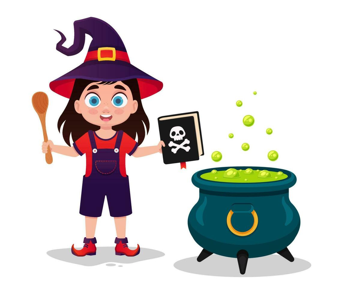 Cute child in a witch costume brews a potion vector